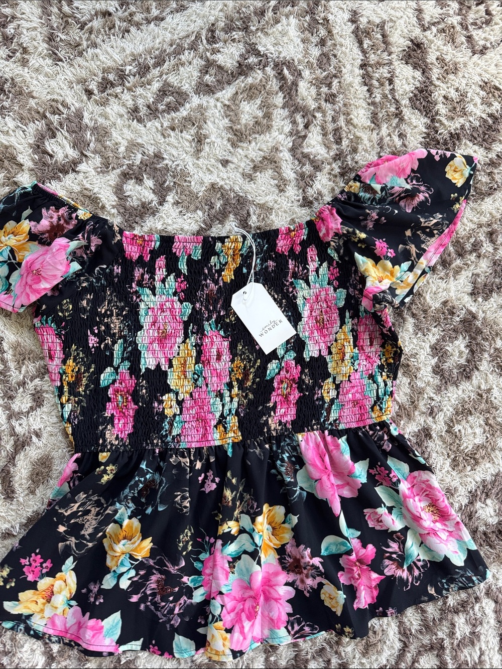 Off-Shoulder Black Floral Smocked Peplum Top